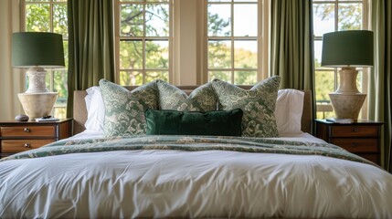 Luxurious king size bed surrounded by green and white pillows with windows on both sides