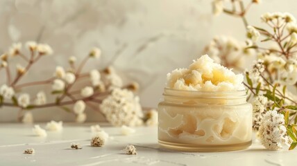 Glass jar of textured cream surrounded by delicate white flowers on marble surface