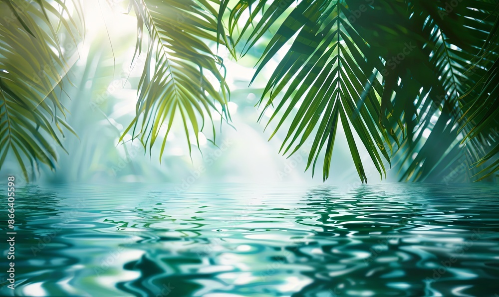 Poster banner Palm tropical leaves over clear water