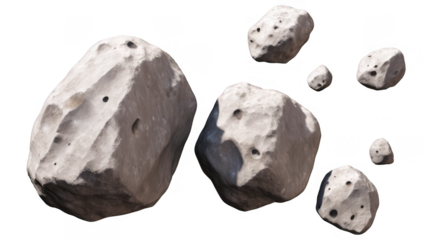 Asteroids swarm of boulders or stone meteorite isolated on transparent png background, flying rock in the space.