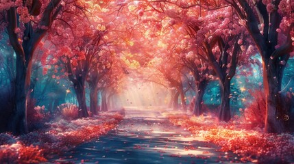 Fototapeta premium Sakura Cherry blossoming alley. Wonderful scenic park with rows of blooming cherry sakura trees in spring. Pink flowers of cherry tree.