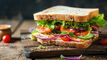  Sandwich with fresh salad on wooden background