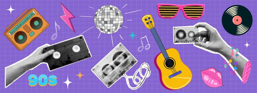 Collage of trendy halftone elements, 90s music, retro nostalgia. trendy Y2K elements