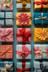 A collection of beautifully wrapped gifts in various colors and creative designs, perfect for any celebration or special occasion.