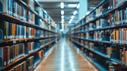 Rows of books on shelves in a large, modern library. Concept of knowledge, learning, research and education.