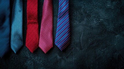 Fototapeta premium Fashionable neckties in red blue and pink against a dark backdrop Overhead perspective with space for text