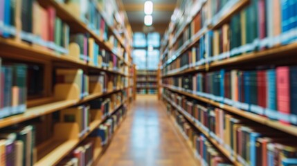 Blurred view of bookshelves in a library. Concept of reading, research, learning, and education.