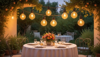 Obraz premium A romantic dinner in the garden with lights and candles 