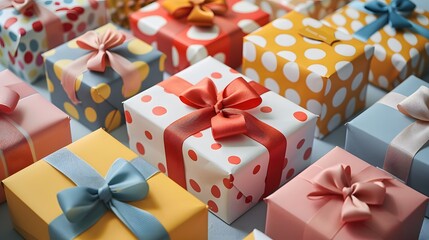 A collection of colorful, beautifully wrapped gift boxes with bows. Perfect for celebrations, holidays, and special occasions.