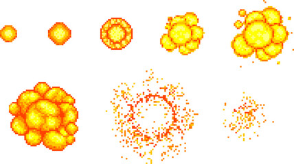 Pixel art explosion game icons set. Comic boom flame effects. 8-bit bang vector animation frames. © ad_stock