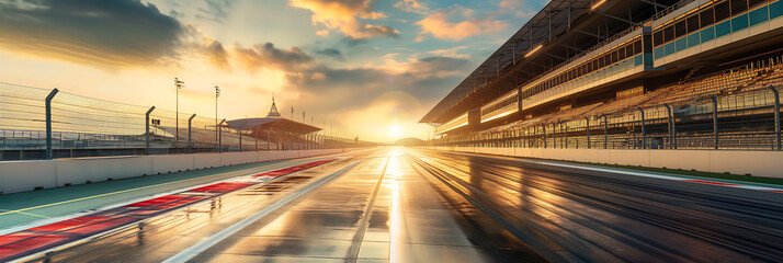 A stunning view of an empty race track under the warm glow of a sunset, with reflections highlighting the track's texture, symbolizing speed, adrenaline, and the calm before the competition.