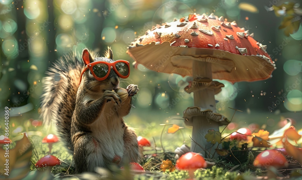 Poster Squirrel with Acorn Sunglasses Picnicking