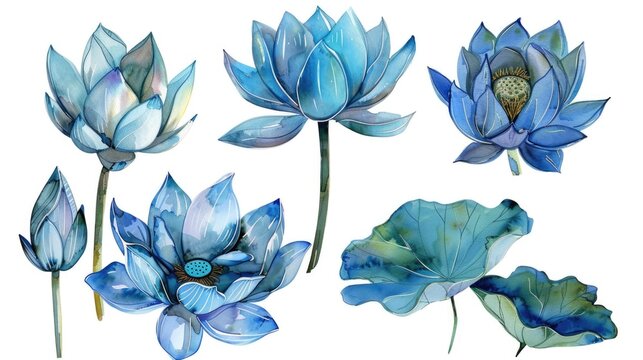  Set blue lotus flower, watercolor illustration, hand drawing, flora wedding