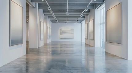 Modern art gallery with minimalist white walls and concrete floor. Art exhibition space with empty frames, ready to showcase paintings and sculptures.