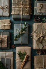 A variety of beautifully wrapped Christmas presents with natural decorations on a dark background. Eco-friendly packaging ideas.