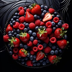 Fototapeta premium Top View of Bowl with Strawberries and Blueberries