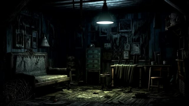 Dark abandoned room with eerie lighting and decaying furniture, perfect for horror animation loop background