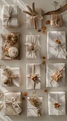 Aesthetic arrangement of eco-friendly, handmade gift boxes with natural decorations, perfect for sustainable presents and special occasions.