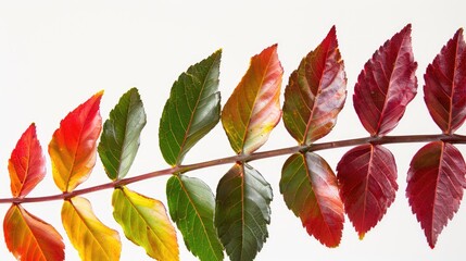Naklejka premium Leaves of smooth sumac in red green and yellow against a white backdrop representing autumn with room for text