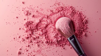Makeup brush on cosmetic powder background, pink color palette, perfect for makeup school ads and cosmetic articles, copy space, place for text