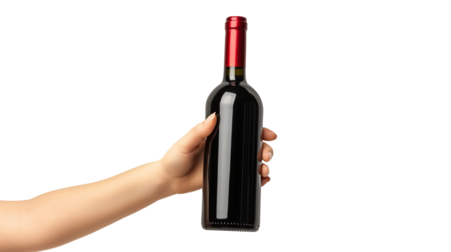 A female hand-holding bottle of red wine isolated on a transparent background