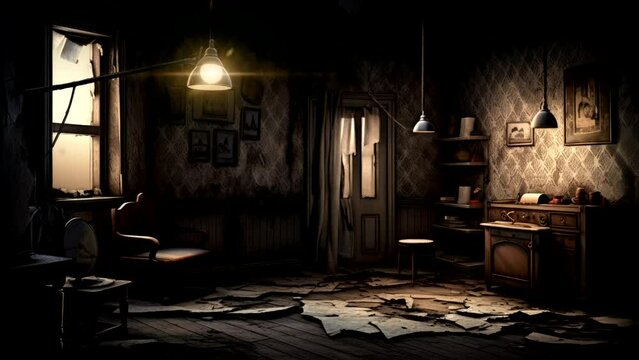 Creepy dilapidated room with peeling wallpaper and flickering lights, ideal for horror animation loop background