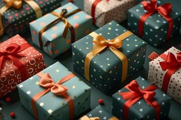 Beautifully wrapped gift boxes with colorful ribbons arranged neatly, perfect for celebration, holiday, or special occasion.