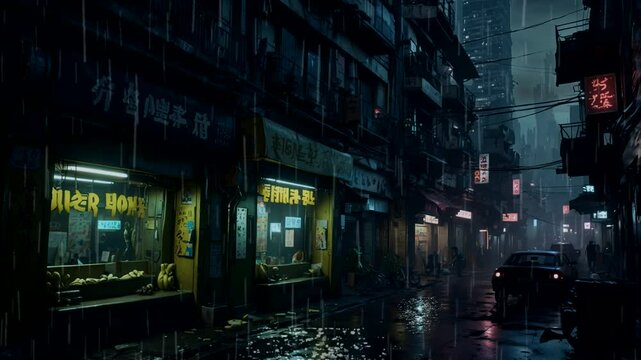 illustration of a rainy and deserted city at night