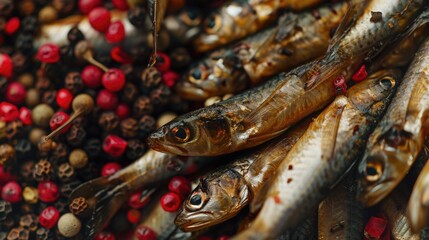 Obraz premium Smoked fish and spices close-up. Smoked sprats in pink and black pepper