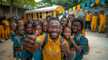 Happy Teacher With Diverse Students Showing Thumbs Up In Schoolyard