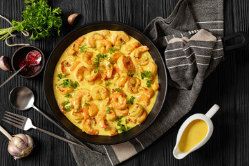 Sauteed Shrimp in creamy saffron sauce, top view