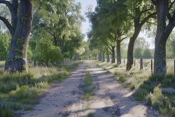 Obraz premium Sunlit forest pathway with tall trees serene and vibrant nature scene detailed texture inviting and picturesque photography