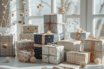 Beautifully wrapped gifts with ribbons and bows by a sunlit window, surrounded by decorative plants, perfect for celebrations and festive occasions.