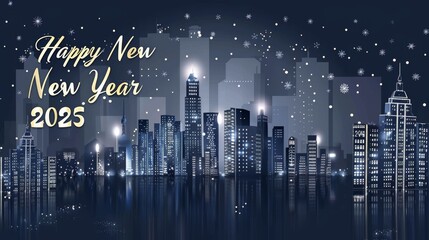 Naklejka premium Happy New Year 2025: Cityscape with Snowfall