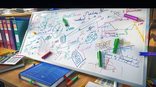 A large whiteboard filled with detailed math equations and diagrams, colorful markers scattered at the base, and a neatly arranged set of textbooks and calculators on a nearby desk.