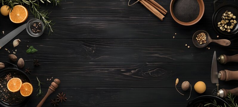 3. Against a stylish black wooden background, a top-down view provides a versatile canvas for culinary imagery. With generous empty space, this setting invites the addition of cooking ingredients or
