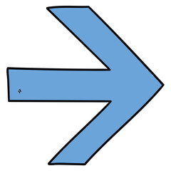 Hand drawn cartoon blue arrow on white background.