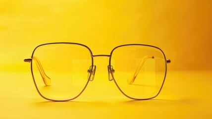 Gold-rimmed eyeglasses with yellow-tinted lenses on yellow background