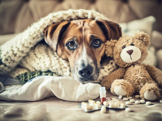 Obraz premium The dog is sick and lies in bed. Artificial intelligence. 