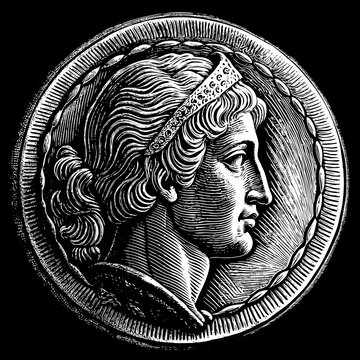recommend clip art: Engraved Ancient Coin Featuring Profile Portrait of Mythological Figure.