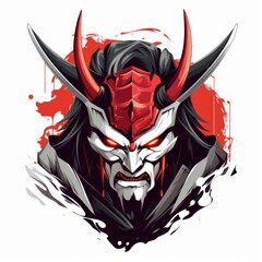 Fierce Japanese Oni Demon Mask. Red and Black Illustration