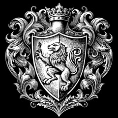 Elegant Heraldic Lion Emblem with Crown and Ornate Shield in Black and White.