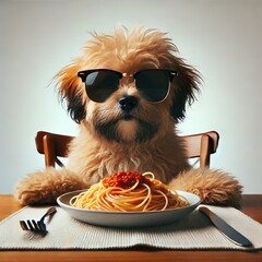 A cute, fluffy brown dog eating spaghetti