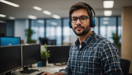Confident male software engineer wearing headphones and glasses standing in front of a computer in an office and looking at the camera