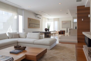 Bright and spacious living room interior with contemporary furniture and clean lines