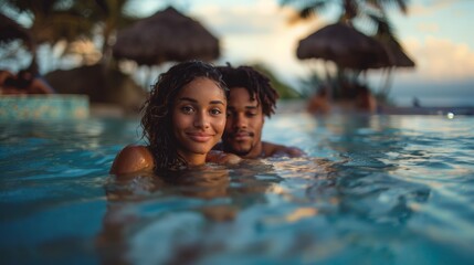 Young Couple Embracing in Swimming Pool on Tropical Vacation at Sunset