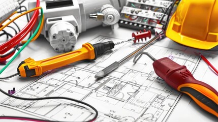 Construction Tools and Blueprint Close-up