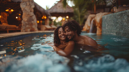 Romantic Young Couple Embracing in a Luxurious Pool at Tropical Resort