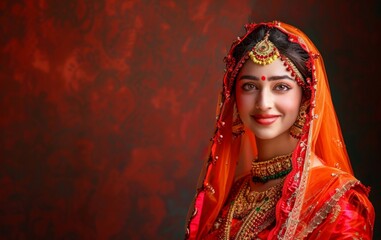 Fototapeta premium A beautiful Indian girl in a traditional sari and jewelry. Happy young woman dressed up as Radha on a holiday party glowing background. Happy Krishna Janmashtami greeting card, copy space. 