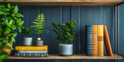 Modern bookshelf with plants as decor for virtual office backgrounds. Concept Modern decor, Bookshelf, Plants, Virtual office backgrounds